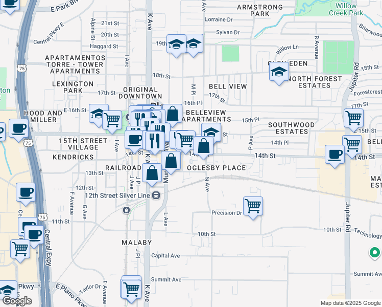 map of restaurants, bars, coffee shops, grocery stores, and more near 1345 14th Street in Plano