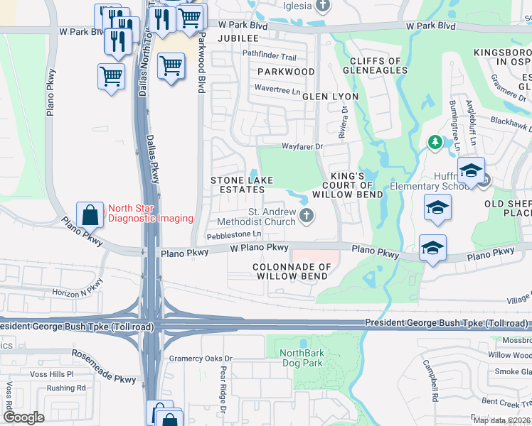 map of restaurants, bars, coffee shops, grocery stores, and more near 5856 Stone Meadow Drive in Plano