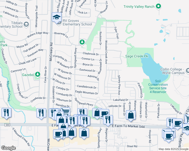 map of restaurants, bars, coffee shops, grocery stores, and more near 3004 Admiral Drive in Wylie
