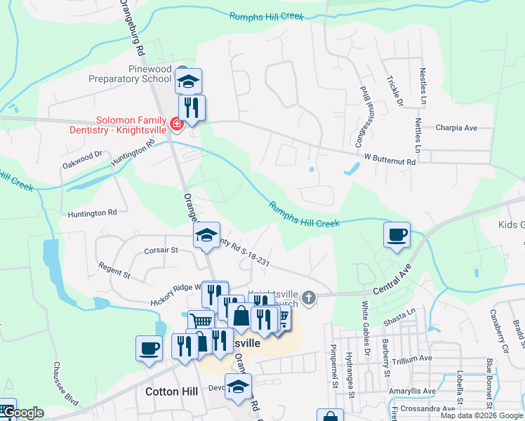 map of restaurants, bars, coffee shops, grocery stores, and more near 3 Patrick Lane in Summerville