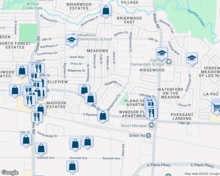 map of restaurants, bars, coffee shops, grocery stores, and more near 1423 Ridgecrest Drive in Plano