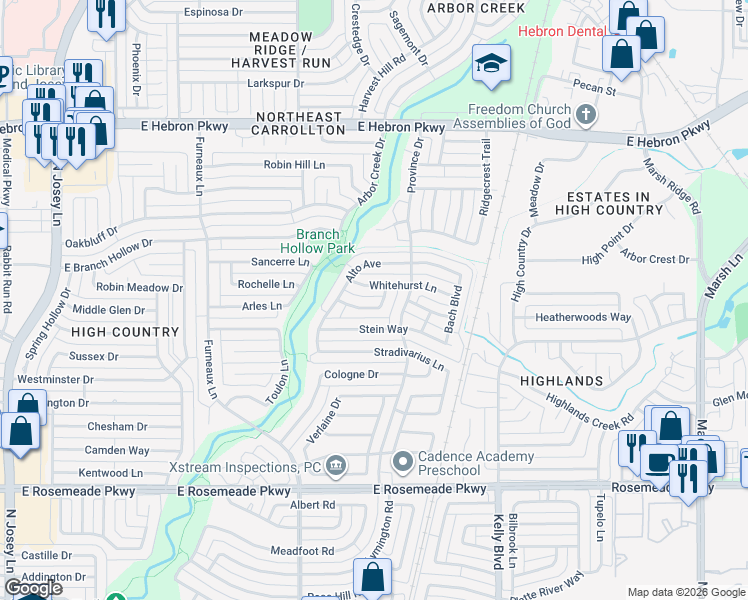 map of restaurants, bars, coffee shops, grocery stores, and more near 2012 Carillon Lane in Carrollton