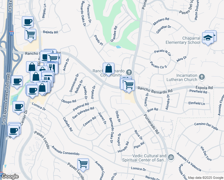 map of restaurants, bars, coffee shops, grocery stores, and more near 12325 Santiago Road East in San Diego