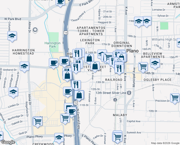 map of restaurants, bars, coffee shops, grocery stores, and more near 740 14th Street in Plano
