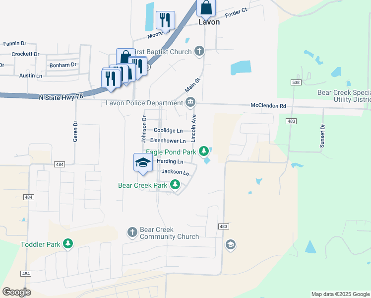 map of restaurants, bars, coffee shops, grocery stores, and more near 442 Grant Lane in Lavon