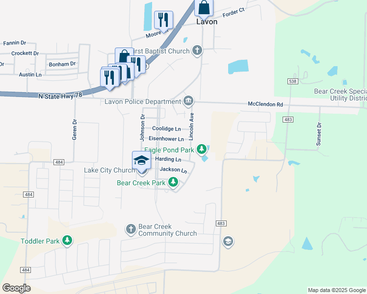 map of restaurants, bars, coffee shops, grocery stores, and more near 429 Grant Lane in Lavon