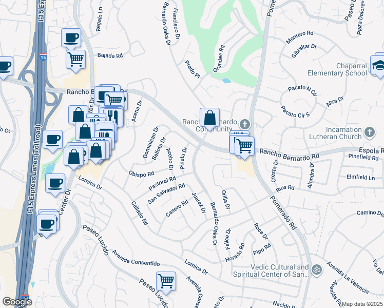 map of restaurants, bars, coffee shops, grocery stores, and more near 16850 Bernardo Oaks Drive in San Diego