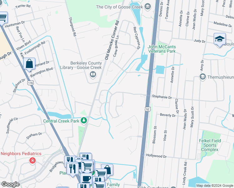 map of restaurants, bars, coffee shops, grocery stores, and more near 210 Windsor Mill Road in Goose Creek