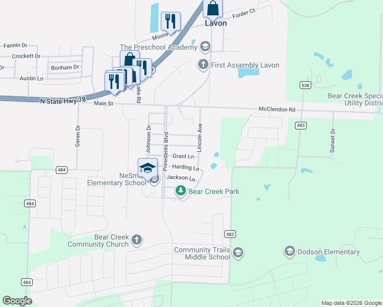 map of restaurants, bars, coffee shops, grocery stores, and more near 442 Grant Lane in Lavon