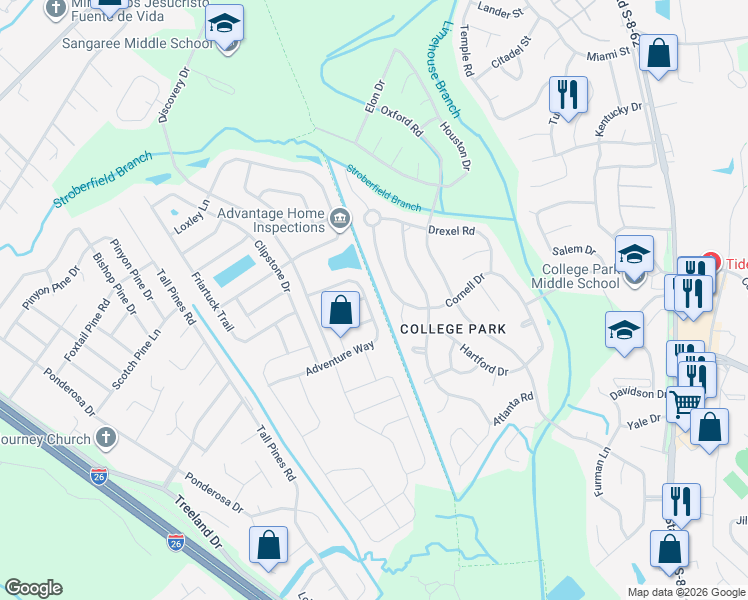 map of restaurants, bars, coffee shops, grocery stores, and more near 3038 Adventure Way in Ladson
