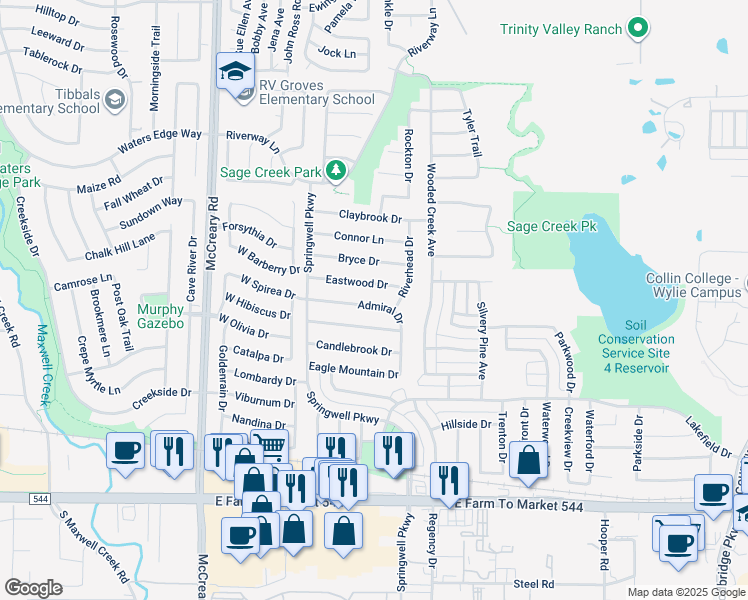 map of restaurants, bars, coffee shops, grocery stores, and more near 3005 Admiral Drive in Wylie