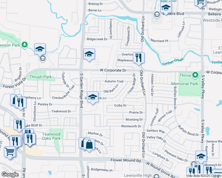 map of restaurants, bars, coffee shops, grocery stores, and more near 1328 Old Barn Lane in Lewisville