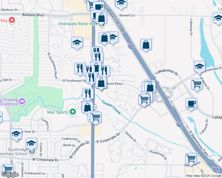 map of restaurants, bars, coffee shops, grocery stores, and more near 248 East Southwest Parkway in Lewisville