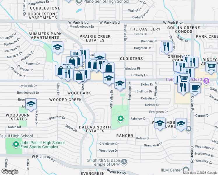 map of restaurants, bars, coffee shops, grocery stores, and more near 2700 West 15th Street in Plano
