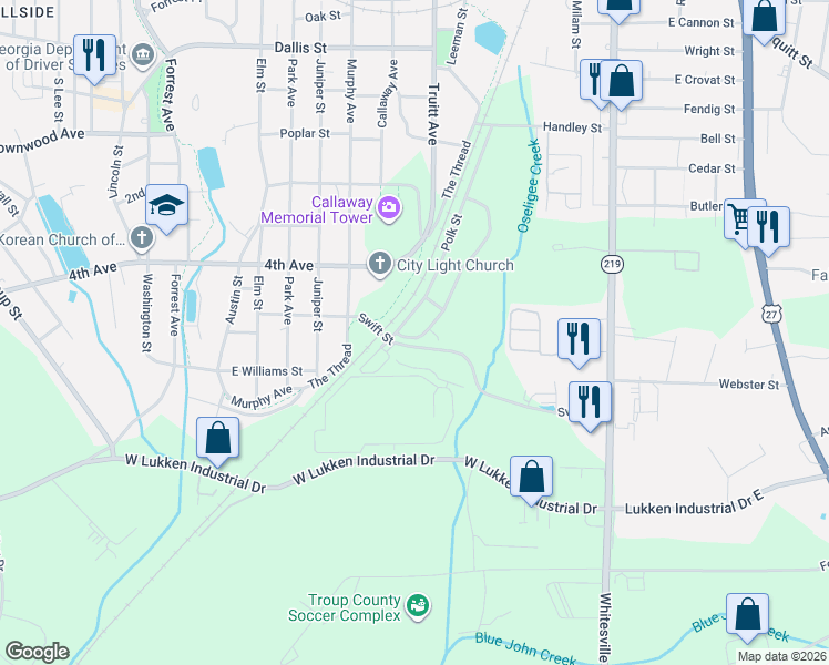 map of restaurants, bars, coffee shops, grocery stores, and more near 1311 Lindsey Street in LaGrange