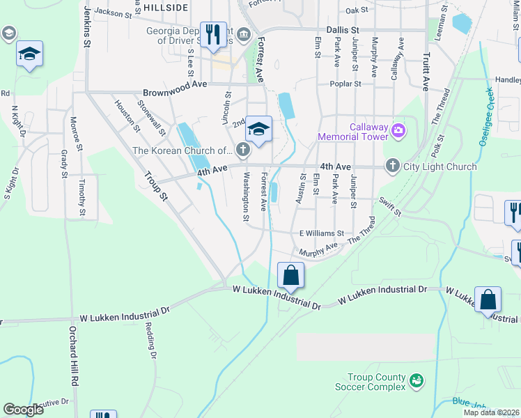 map of restaurants, bars, coffee shops, grocery stores, and more near 1322 Forrest Avenue in LaGrange