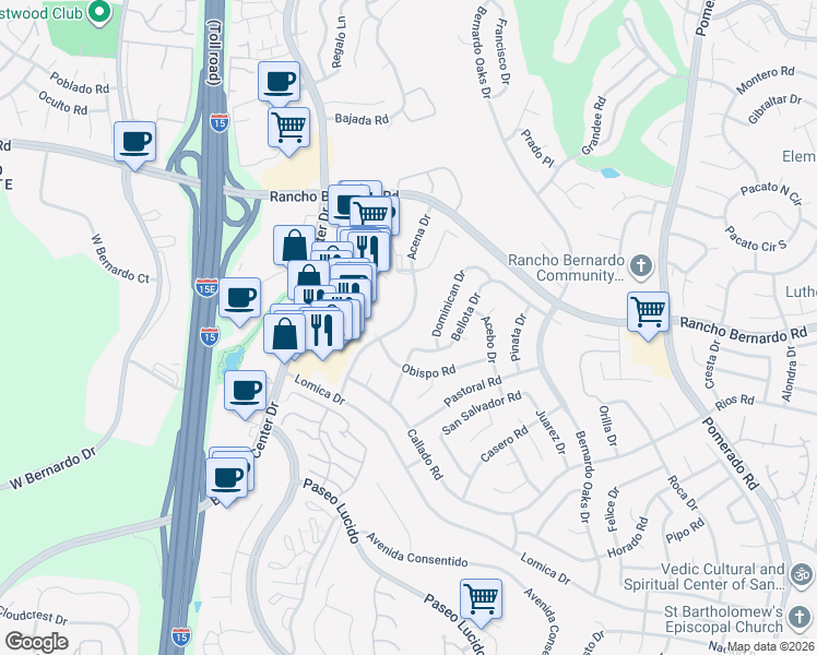 map of restaurants, bars, coffee shops, grocery stores, and more near 16808 Bellota Drive in San Diego