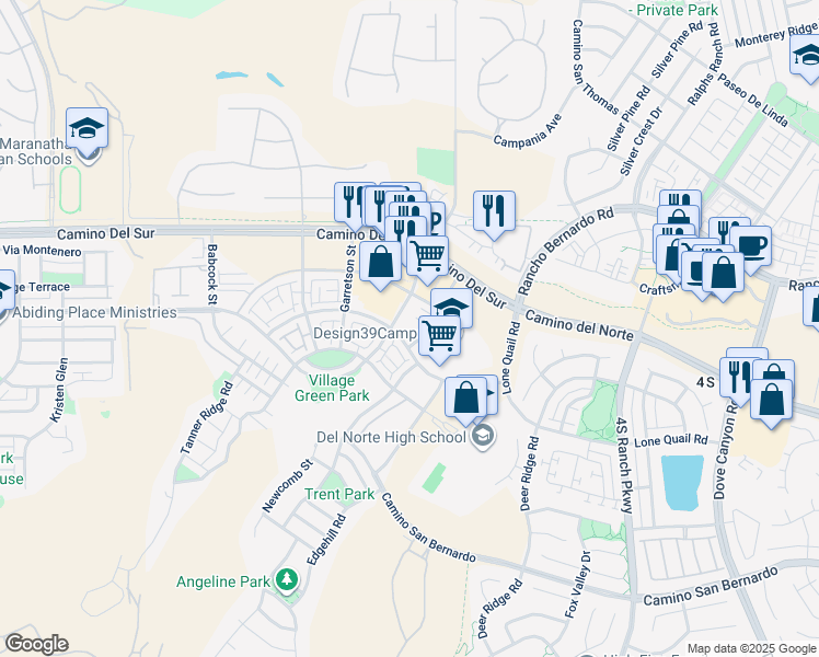 map of restaurants, bars, coffee shops, grocery stores, and more near 16214 Camden Circle in San Diego