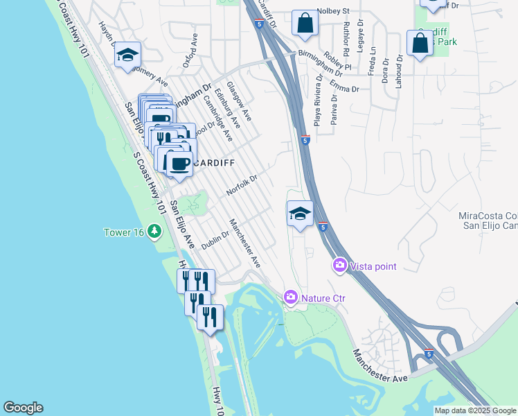 map of restaurants, bars, coffee shops, grocery stores, and more near 2416 Oxford Avenue in Encinitas
