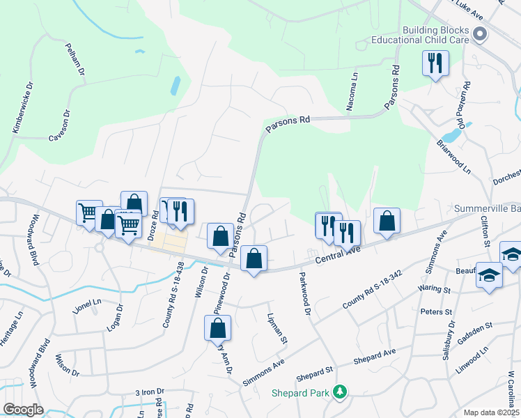 map of restaurants, bars, coffee shops, grocery stores, and more near 107 Canvasback Drive in Summerville