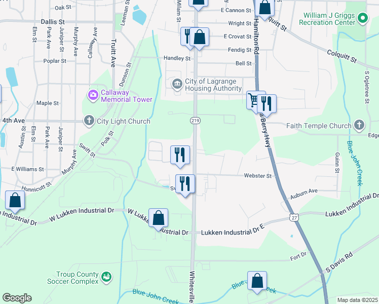 map of restaurants, bars, coffee shops, grocery stores, and more near 1412 Georgia 219 in LaGrange