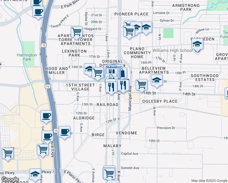map of restaurants, bars, coffee shops, grocery stores, and more near 1364 J Avenue in Plano