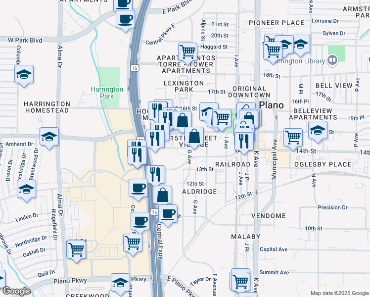 map of restaurants, bars, coffee shops, grocery stores, and more near 1313 G Avenue in Plano
