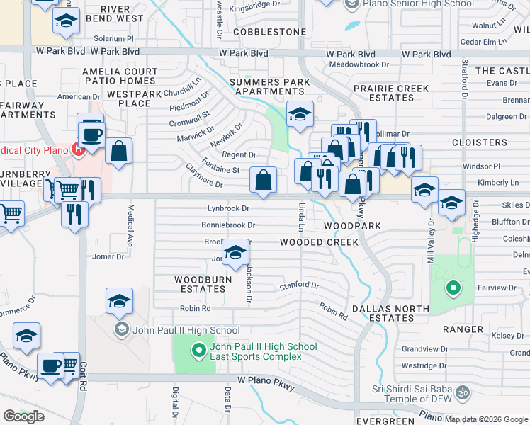 map of restaurants, bars, coffee shops, grocery stores, and more near 3217 Bonniebrook Drive in Plano