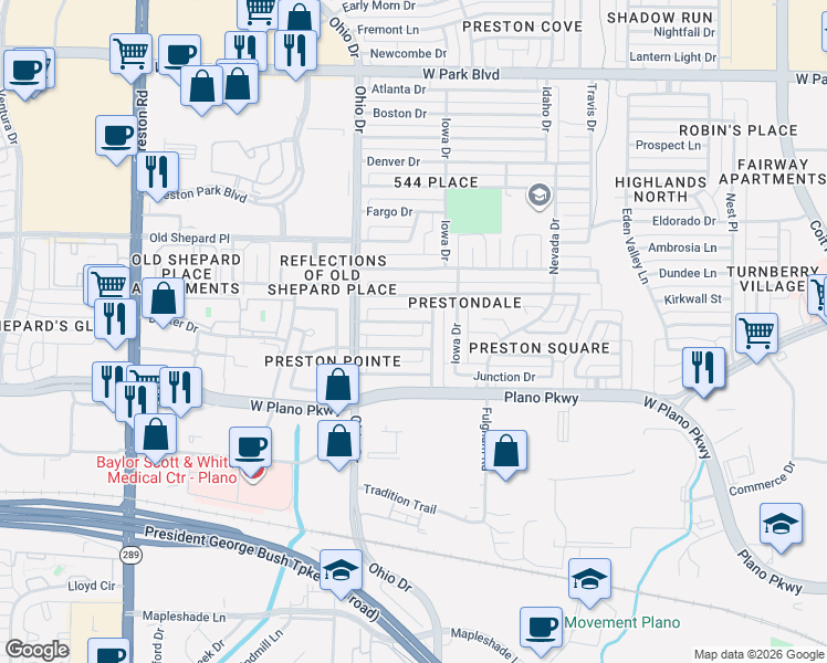 map of restaurants, bars, coffee shops, grocery stores, and more near 4517 Miami Drive in Plano