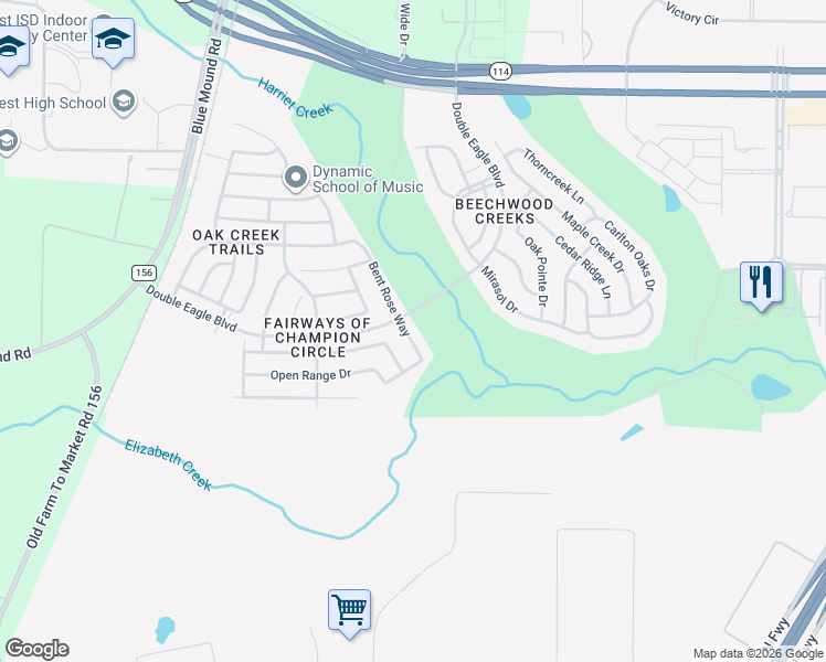 map of restaurants, bars, coffee shops, grocery stores, and more near 15716 Bent Rose Way in Fort Worth