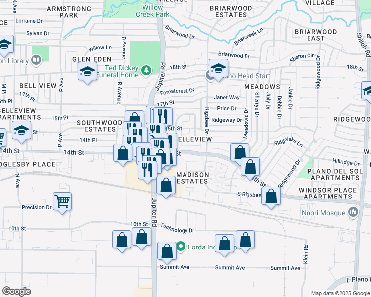 map of restaurants, bars, coffee shops, grocery stores, and more near 2505 Ballymote Lane in Plano