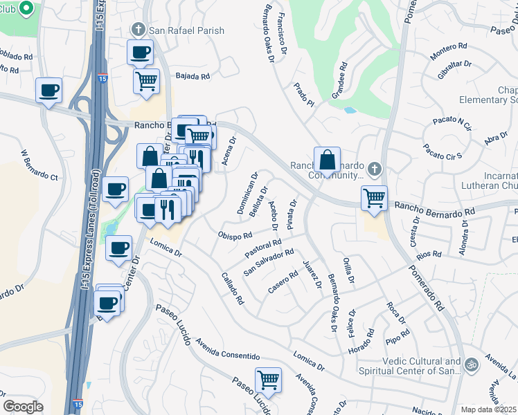 map of restaurants, bars, coffee shops, grocery stores, and more near 16881 Bellota Drive in San Diego