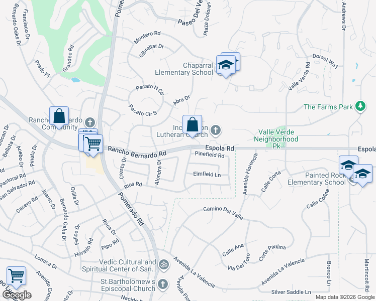 map of restaurants, bars, coffee shops, grocery stores, and more near 12866 Summerfield Lane in Poway