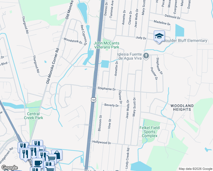 map of restaurants, bars, coffee shops, grocery stores, and more near 108 Stephanie Drive in Goose Creek