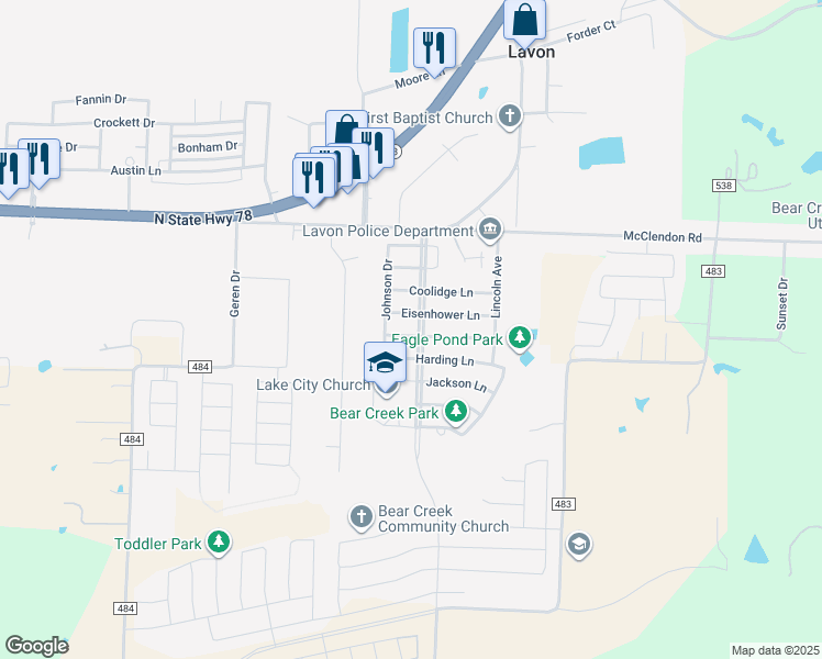 map of restaurants, bars, coffee shops, grocery stores, and more near 536 Grant Lane in Lavon
