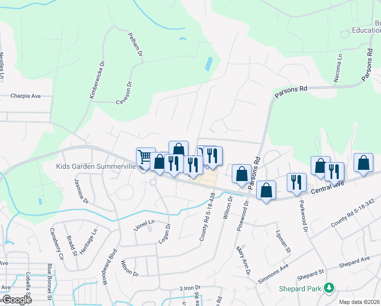 map of restaurants, bars, coffee shops, grocery stores, and more near 297-299 Droze Road in Summerville