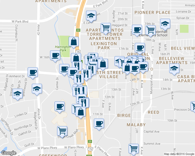 map of restaurants, bars, coffee shops, grocery stores, and more near 1312 F Avenue in Plano