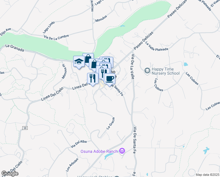 map of restaurants, bars, coffee shops, grocery stores, and more near 16950 Via De Santa Fe in Rancho Santa Fe