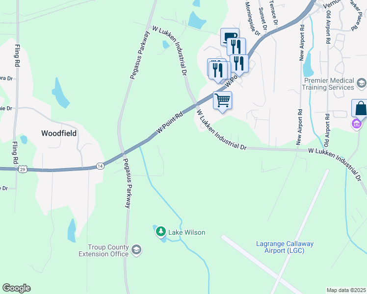 map of restaurants, bars, coffee shops, grocery stores, and more near 2387 West Point Road in LaGrange