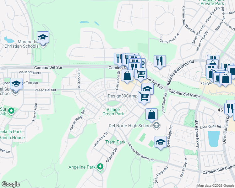 map of restaurants, bars, coffee shops, grocery stores, and more near 15116 Garretson Street in San Diego