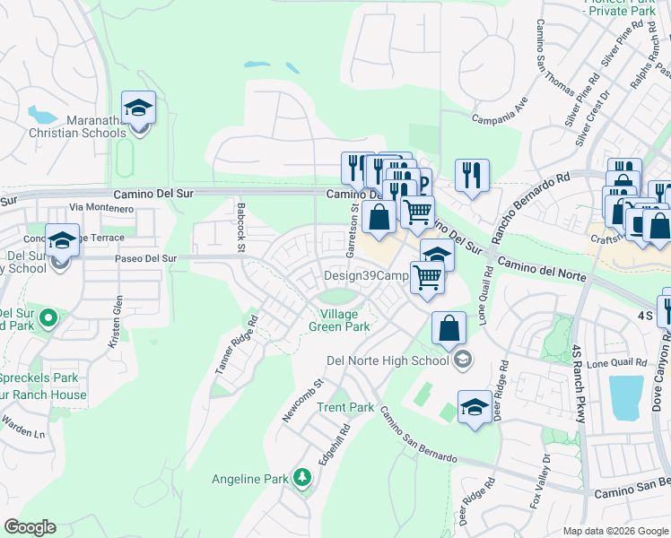 map of restaurants, bars, coffee shops, grocery stores, and more near 15968 Parkview Loop in San Diego
