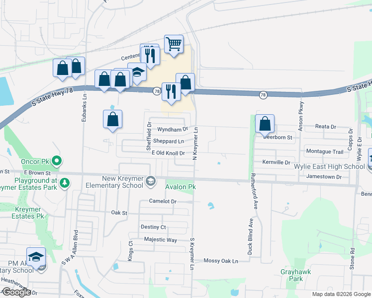 map of restaurants, bars, coffee shops, grocery stores, and more near 1401 Old Knoll Drive in Wylie