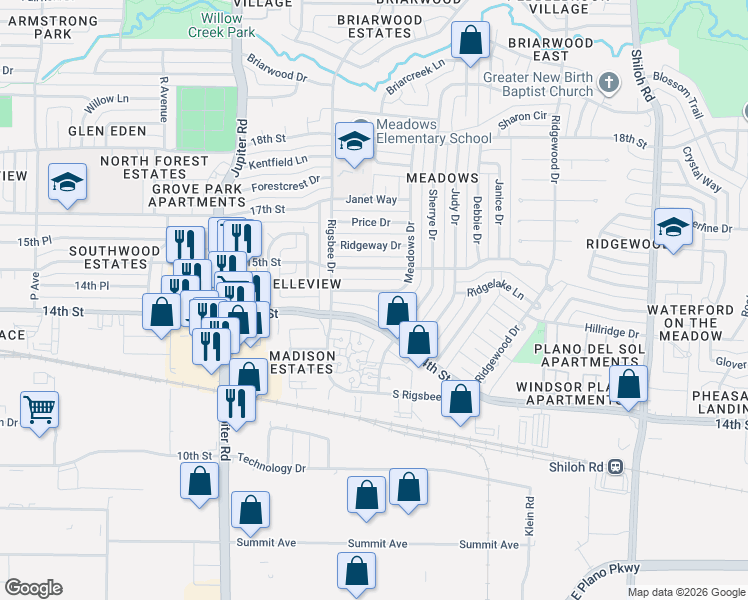 map of restaurants, bars, coffee shops, grocery stores, and more near 2801 14th Street in Plano