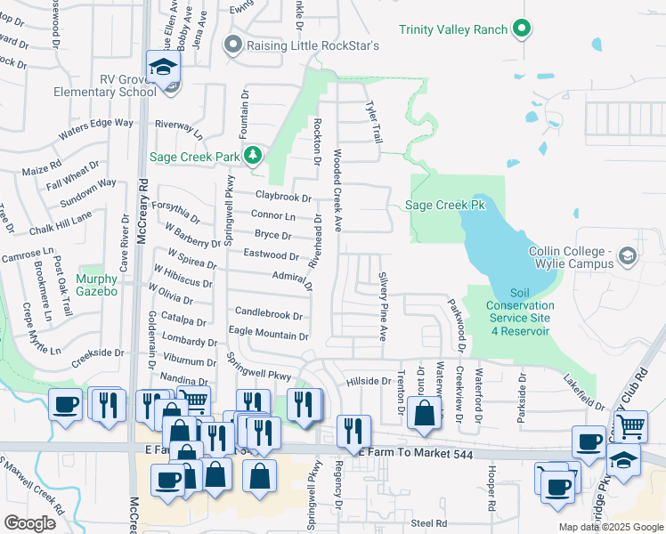 map of restaurants, bars, coffee shops, grocery stores, and more near 305 Wooded Creek Avenue in Wylie
