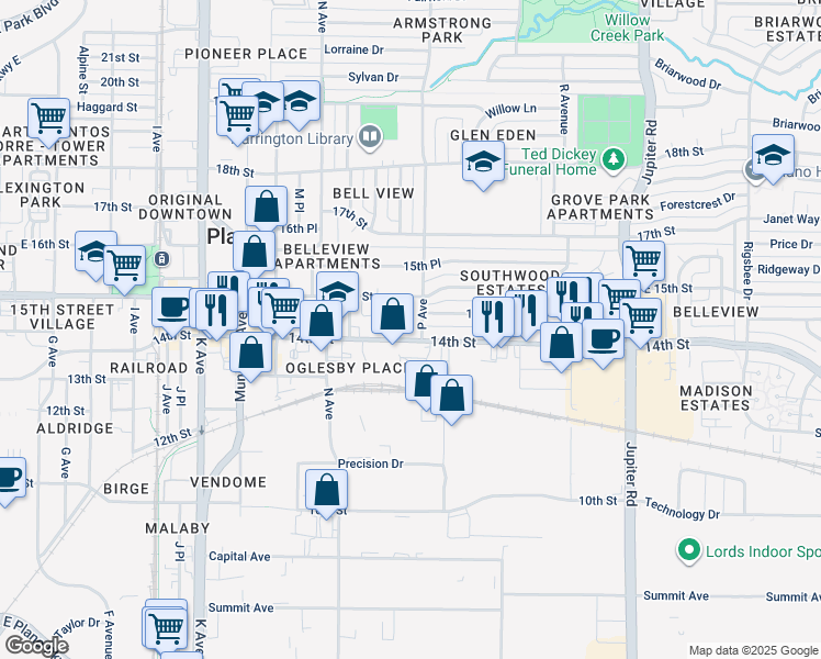 map of restaurants, bars, coffee shops, grocery stores, and more near in Plano