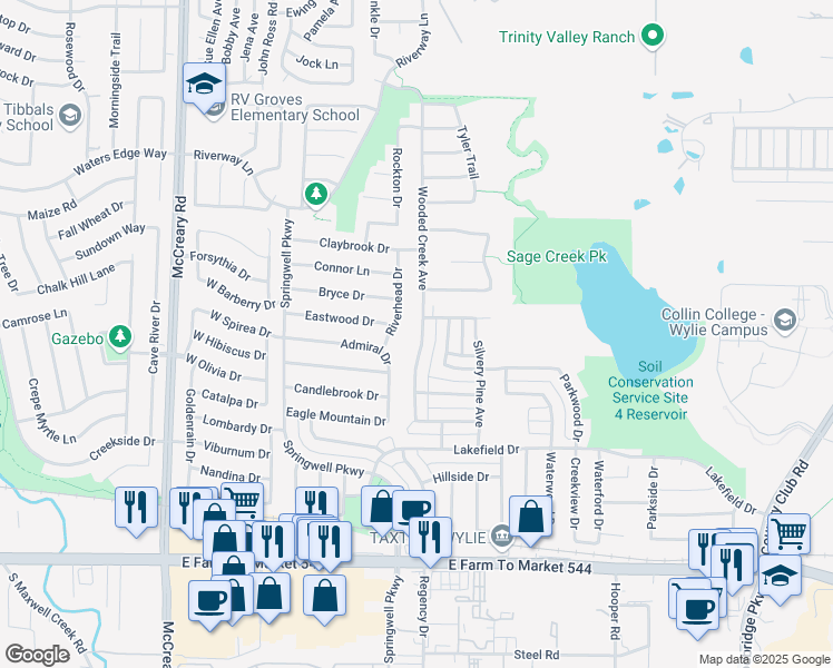 map of restaurants, bars, coffee shops, grocery stores, and more near 305 Wooded Creek Avenue in Wylie