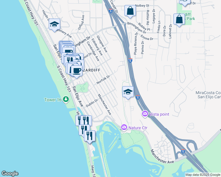 map of restaurants, bars, coffee shops, grocery stores, and more near 2416 Oxford Avenue in Encinitas