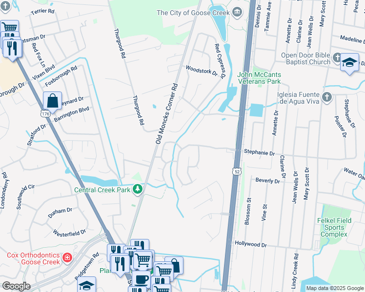 map of restaurants, bars, coffee shops, grocery stores, and more near 203 Windsor Mill Road in Goose Creek