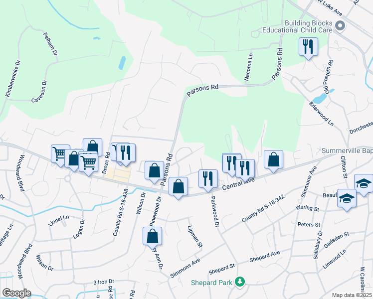 map of restaurants, bars, coffee shops, grocery stores, and more near 107 Canvasback Drive in Summerville