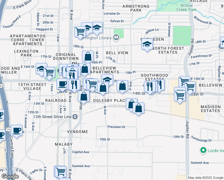 map of restaurants, bars, coffee shops, grocery stores, and more near 1414 14th Street in Plano